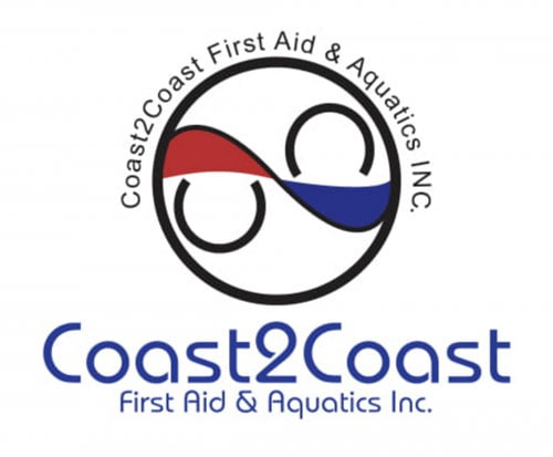 Logo for Coast2Coast First Aid & Aquatics Inc. featuring a stylized wave in red and blue, with black circular shapes. Company name written below in blue text.
