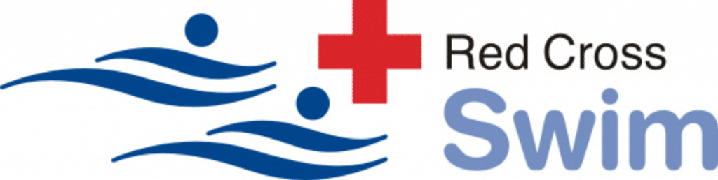 Logo featuring two stylized blue swimmers and wavy lines, a red cross symbol, and the text "Red Cross Swim" in black and blue fonts.