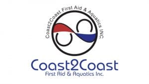 Logo of Coast2Coast First Aid Aquatics Inc. featuring a circular design with stylized waves in red and blue forming an infinity loop. The company name and tagline are written below in blue text: "Coast2Coast First Aid Aquatics Inc.