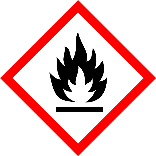A bold red diamond surrounds a black flame icon on a white background, signaling a flammable material hazard.