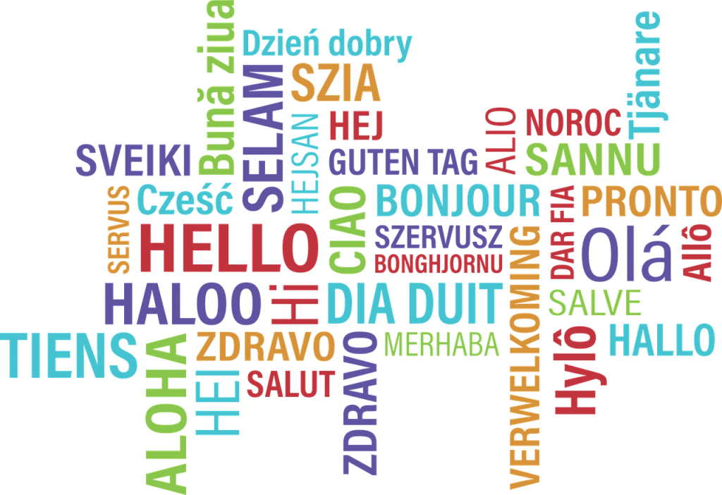 A collage of the word "hello" in various languages and colors, including English, Spanish, French, Italian, German, and more, against a transparent background.