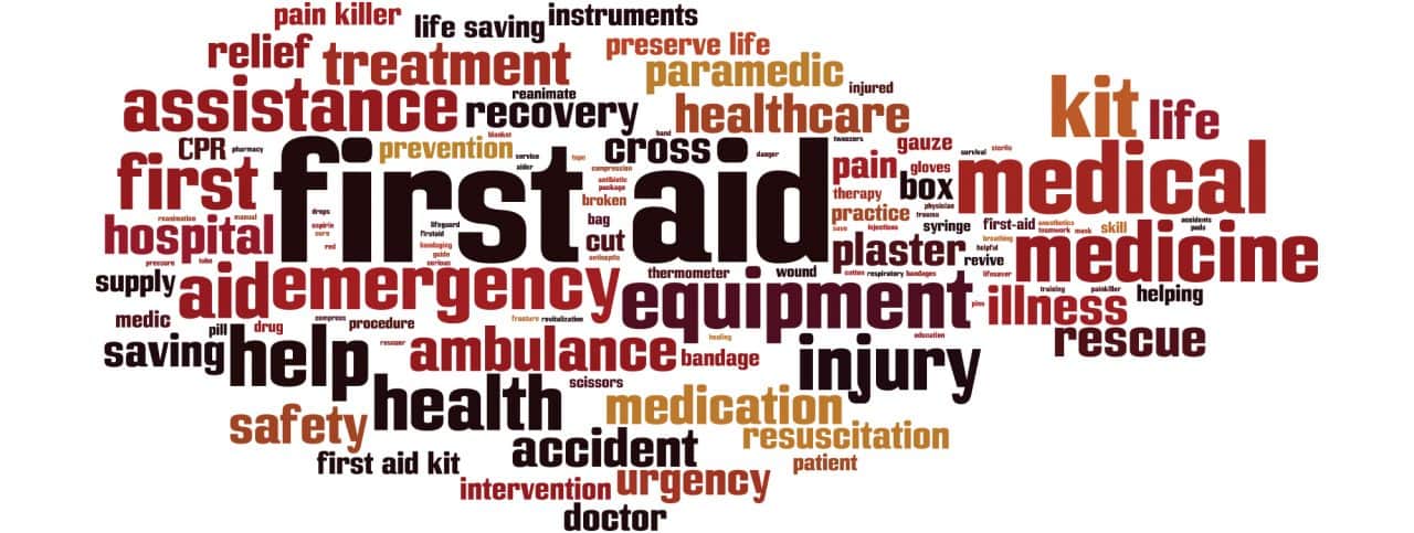 A word cloud centered around "first aid" and "medical", featuring related terms like "emergency", "treatment", "healthcare", "injury", "equipment", "assistance", "ambulance", and "rescue", in various sizes and orientations.