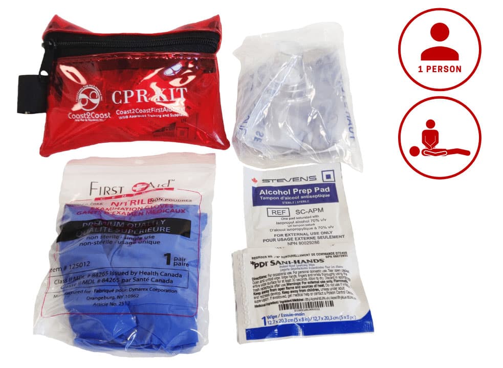 CPR kit containing gloves, a red pouch, an alcohol prep pad, and a CPR face shield. Symbols indicate it's for one person, with a CPR procedure icon.