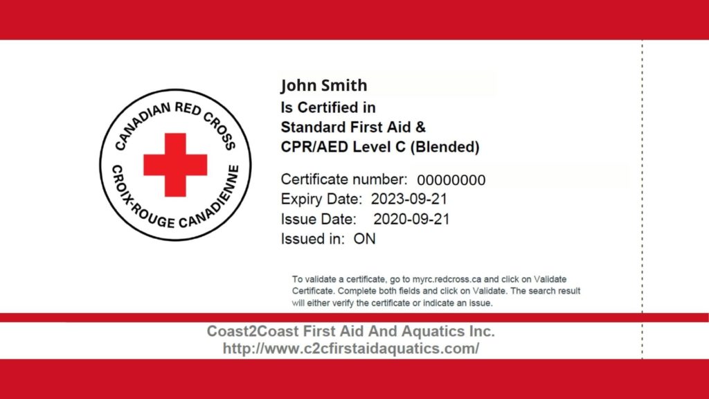 A Canadian Red Cross certificate for John Doe, certified in Standard First Aid &amp; CPR/AED Level C (Blended). Includes certificate number, expiry date, issue date, and issuer location (ON). Coast2Coast First Aid and Aquatics Inc. website is listed.