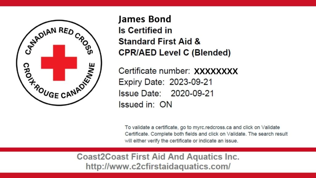 A Canadian Red Cross certificate for John Doe, certified in Standard First Aid &amp; CPR/AED Level C (Blended). Includes certificate number, expiry date, issue date, and issuer location (ON). Coast2Coast First Aid and Aquatics Inc. website is listed.