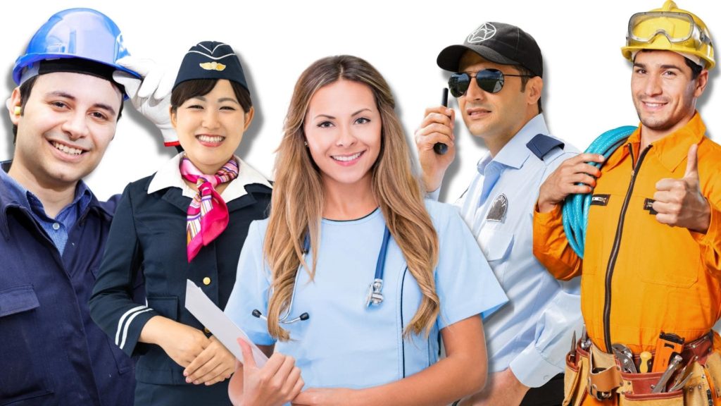 A diverse group of five professionals, including a construction worker, flight attendant, nurse, security officer, and electrician, standing together and smiling. Each is wearing their respective uniform, representing various occupations.
