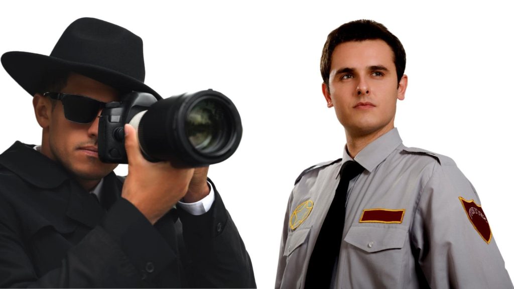 A person in a black hat and sunglasses holds a camera with a large lens. Next to them, another person in a gray security uniform with insignias looks towards the distance. Both are against a plain white background.