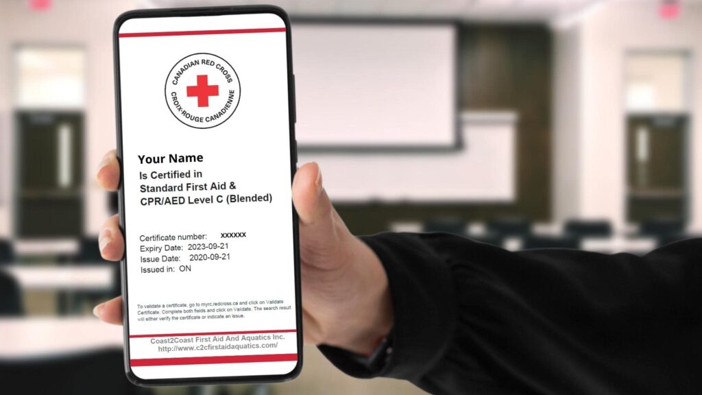 A person holds a smartphone displaying a digital certificate from the Canadian Red Cross. The certificate indicates completion of Standard First Aid and CPR/AED Level C. The background shows a classroom with a projector screen.
