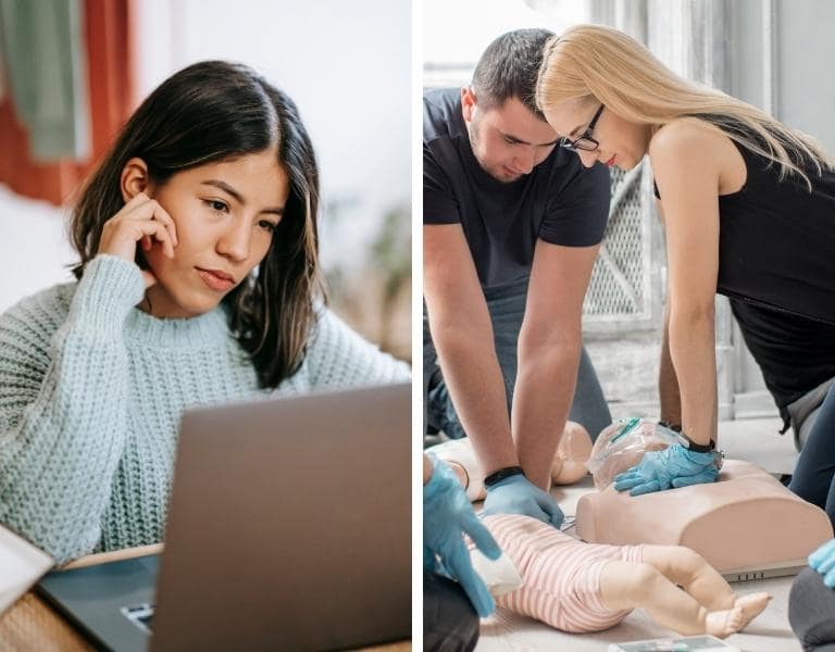 On the left, a woman in a blue sweater looks at a laptop screen. On the right, three people perform CPR training on a dummy, all wearing blue gloves and focused on the procedure.