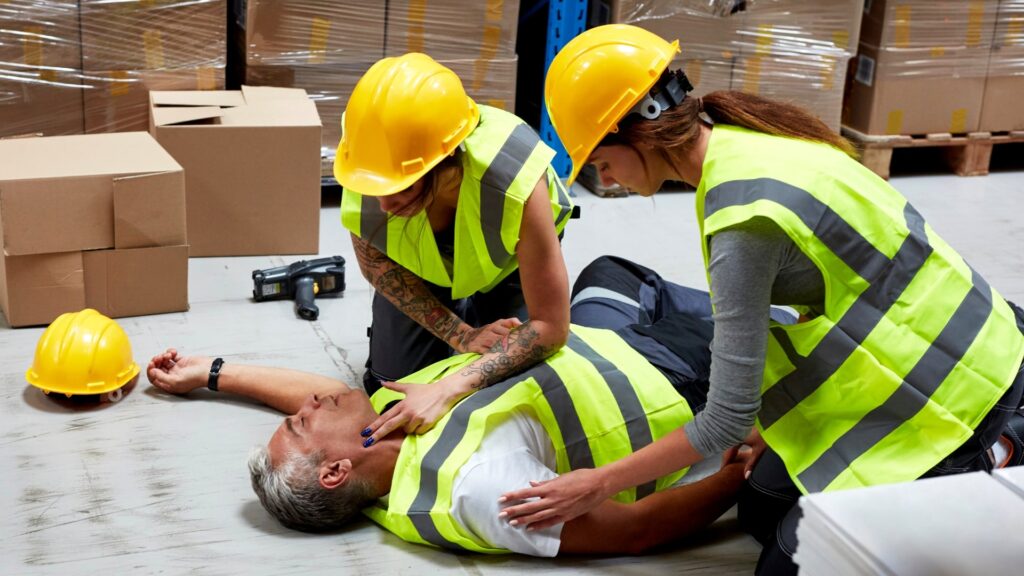 Two workers wearing yellow hard hats and safety vests attend to a person lying on the floor in a warehouse. Boxes are stacked in the background. The person on the floor is wearing a white shirt, and a hard hat is nearby.\