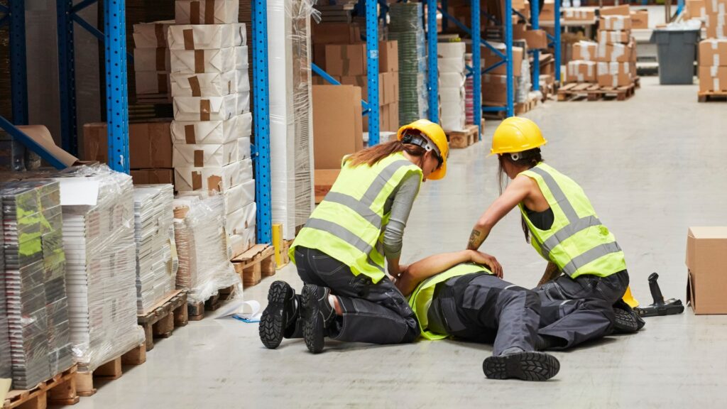 Two workers in safety gear aid a colleague lying on a warehouse floor. Pallets and stacks of boxes line the shelves. The scene suggests an emergency or accident, as the two appear to be checking on the well-being of the fallen worker.