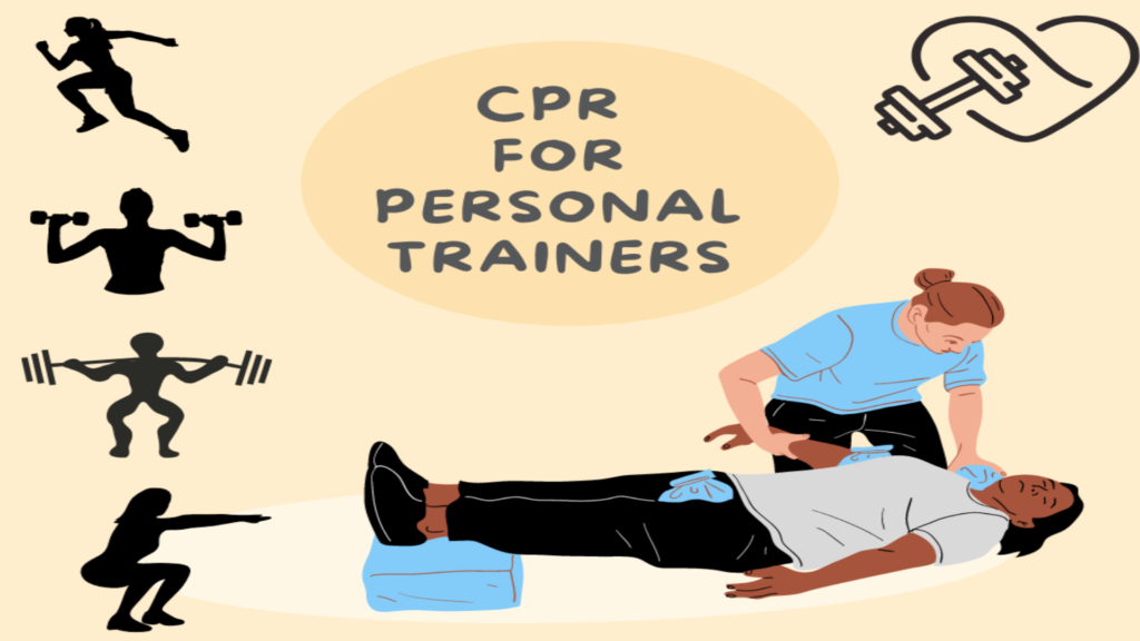Illustration of a CPR training session for personal trainers. A person performs CPR on another person, with workout icons like running, dumbbells, and weightlifting surrounding the text "CPR for Personal Trainers" on a light background.