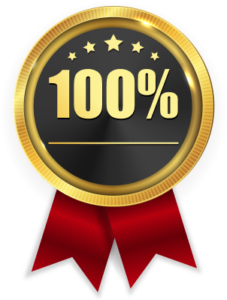 A digital badge featuring a gold and black design with "100%" in bold white text, surrounded by five gold stars. Below, a red ribbon with two tails displays "First Aid and CPR Training"