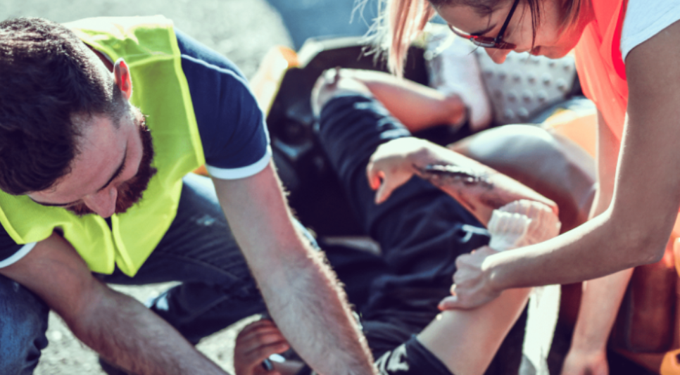 First Aiders on how to help someone after a motorcycle accident.