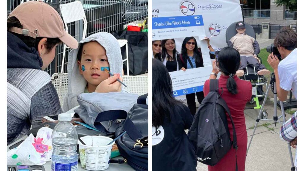 A child having their face painted and a group of people taking pictures at a photo booth, all at an emergency response event.